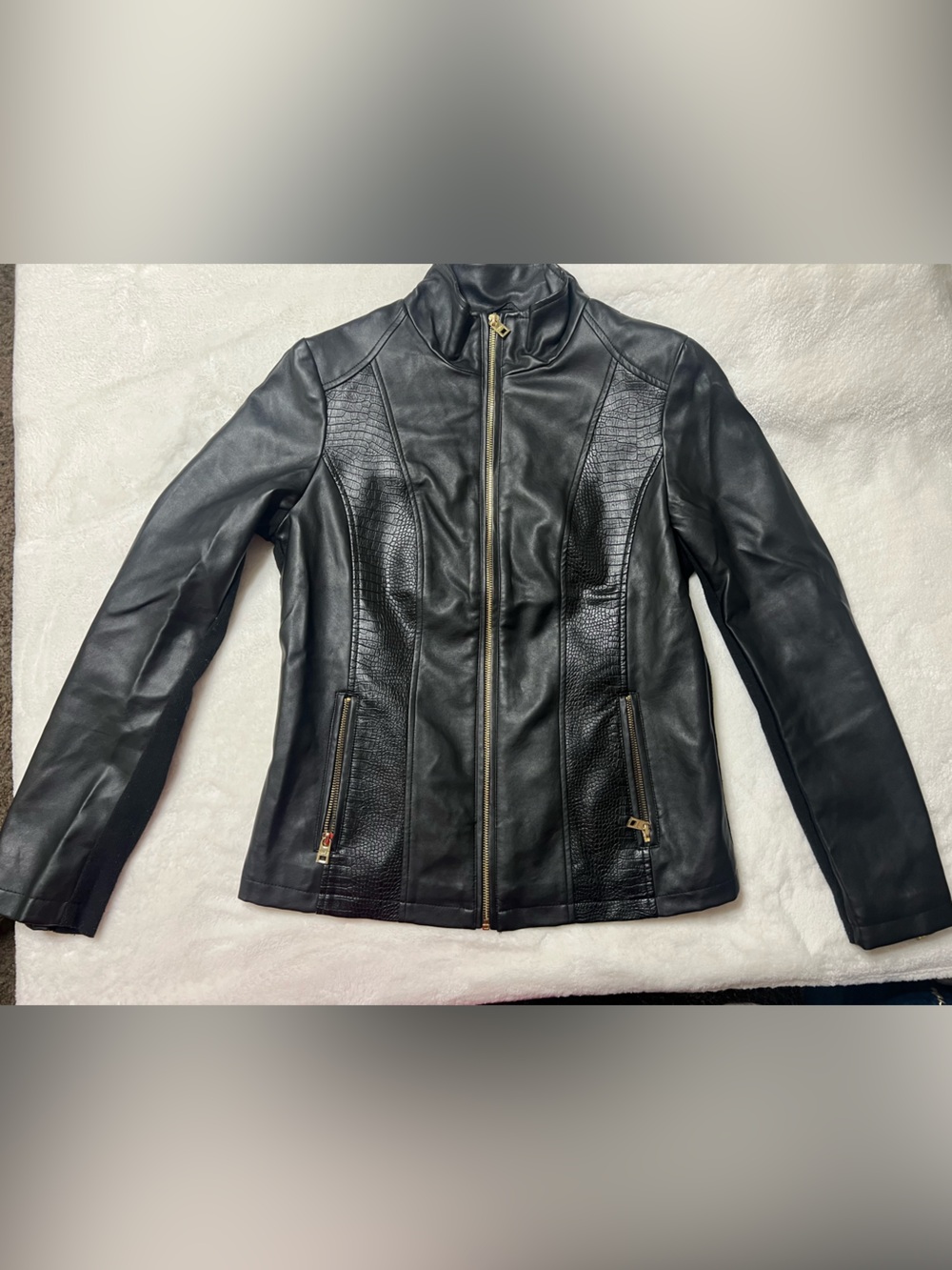 Marc New York Black Leather Zip-Front Jacket with Textured Panels